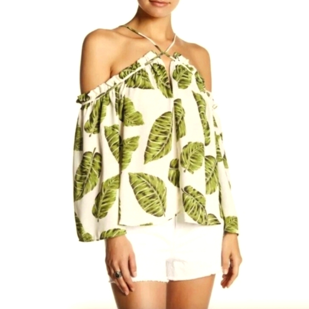 NWT Harlowe & Graham Tropical Palm Leaf Off Shoulder Halter Blouse Size Medium